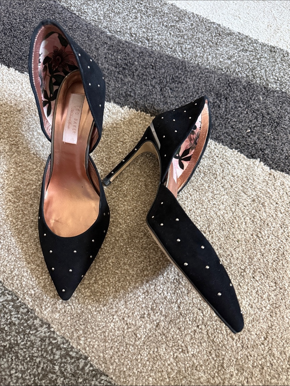 Ted Baker Heels Black Studs Polka Dot Silver d’Orsay Zaffi Stilettos 8